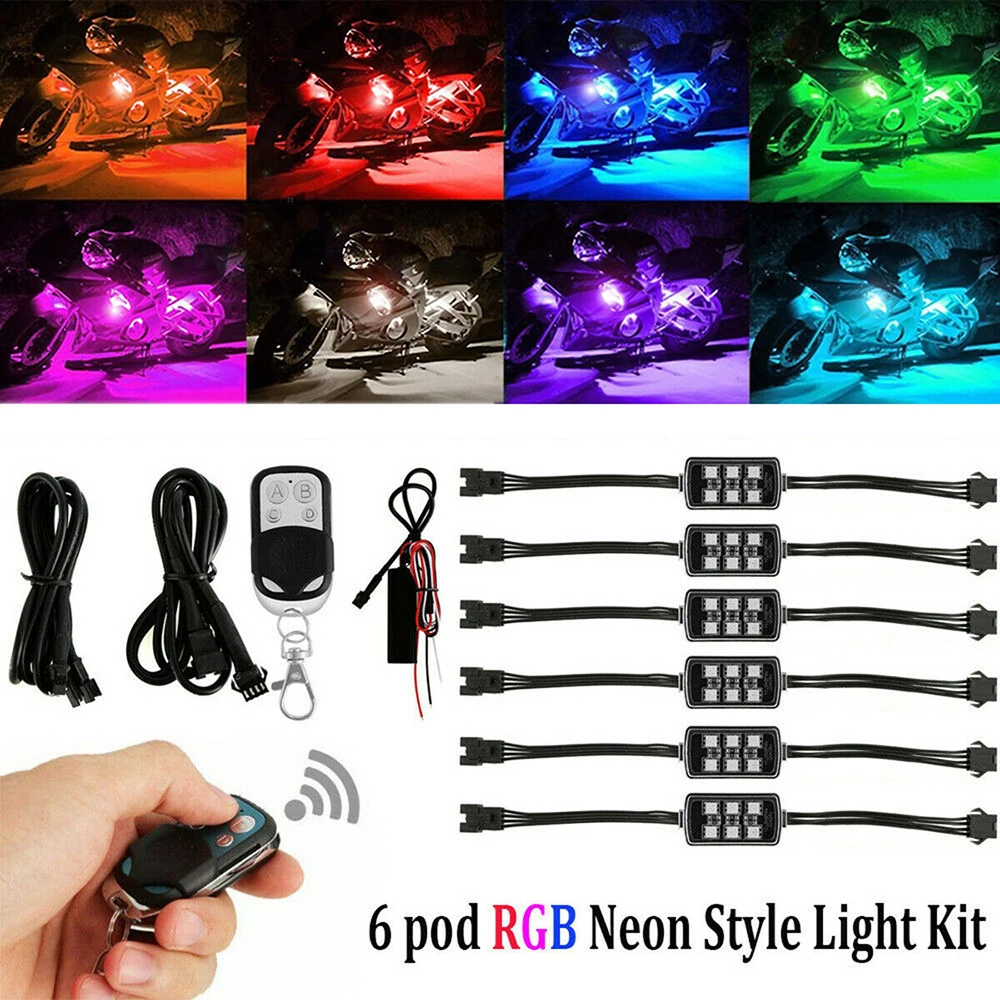 Newest 6 Pods Motorcycle ATV RGB LED Neon Under Glow Light Strip Kit
