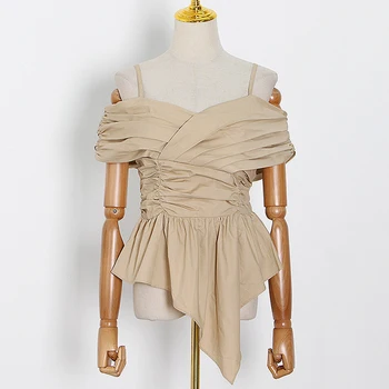

HIGH STREET Newest Fashion 2020 Designer Blouse Women's Spaghetti Strap short Sleeve Pleated Asymmetrical Blouse top