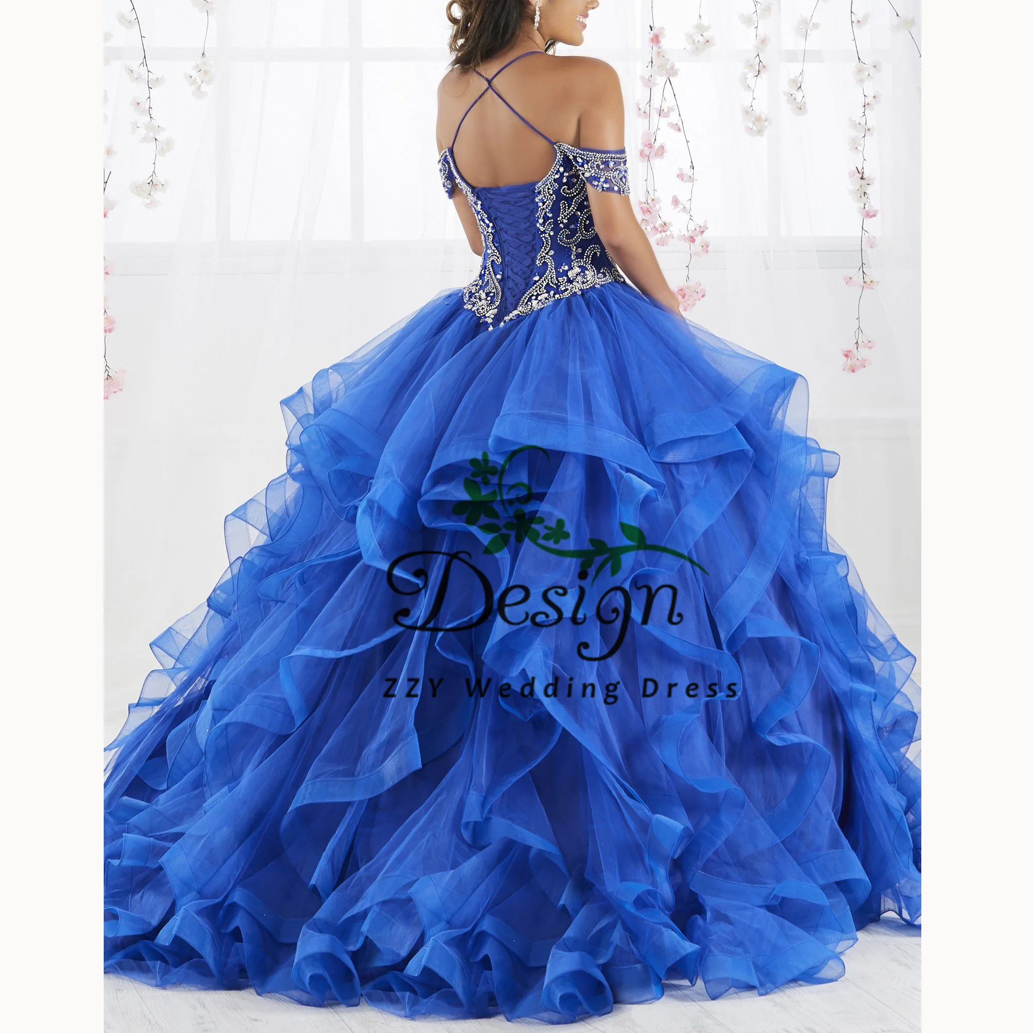 Vestidos de 15 мульти-мяч для гольфа с лямкой на шее с синими кристаллами Расшитое бисером в честь пятнадцатилетия платья Винтаж Тюль Аппликации с длинным шлейфом сладкий 16 платья для женщин