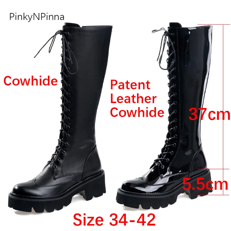 Skup Damskie ze skóry lakierowanej skóry wołowej buty do kolan czarne sznurowane platformy długie buty Paris fashion tygodnie w nowym stylu buty nocne