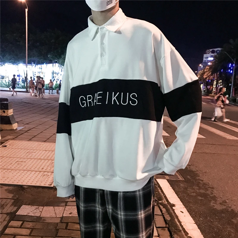 

2019 Spring And Autumn Men's New Casual Stitching Letters Long-sleeved Lapel Hoodies Loose Temperament Trend Cotton