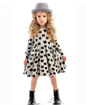 

2020 New Girl Dress Cotton Long Sleeve Black Stamp Elastic Pleated Zou Comfortable Dress Stitching Girl Dress Cartoon Cat Dress
