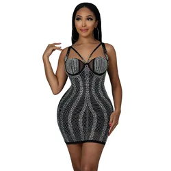 Black European and American Independent Station Nightclub Style Sexy Sling Hot Rhinestone Bag Hip A-line Dress DS Dj Women Dress