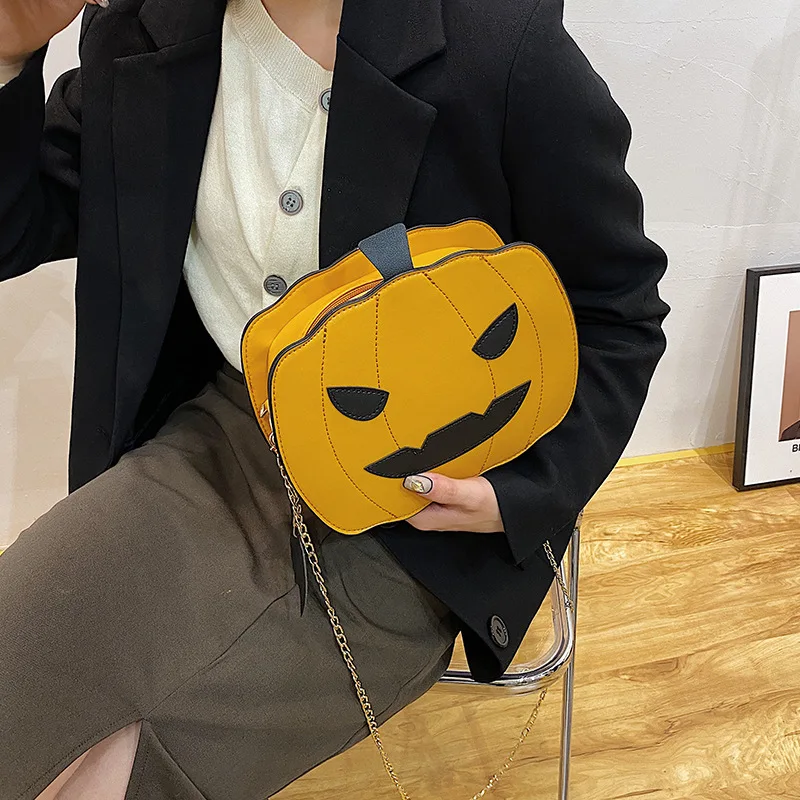 Newest Female Fanny Crossbody Handbag Halloween Devil Pumpkin Shaped Fashion Wild Fantastic Shoulder Bag with Chain Strap
