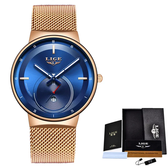 LIGE новые мужские часы Топ бренд Роскошные модные деловые кварцевые часы мужские повседневные Простые водонепроницаемые наручные часы reloj hombre - Цвет: Rose gold blue