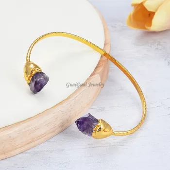 

GuaiGuai Jewelry Natural Purple Amethyst Rough 24 K Yellow Golden Plated Bangle Bracelet
