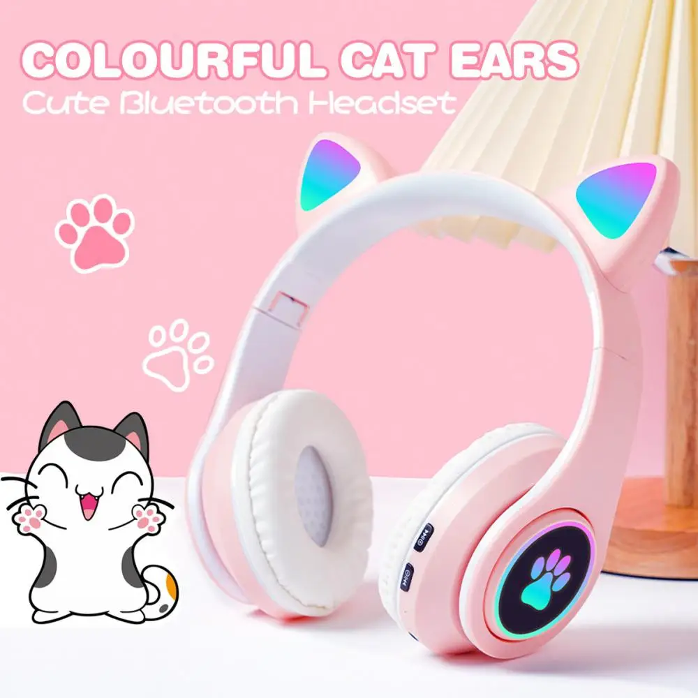ANKNDO Bluetooth Earphones Glowing Cat Ears Colorful Headphone With Mic