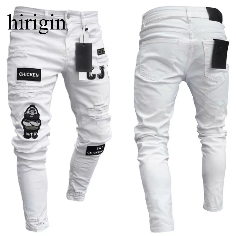 Men Stretchy Ripped Skinny Biker Embroidery Print Jeans Destroyed Hole Taped Slim Fit Denim Scratched High Quality Jean 3 Styles | Мужская