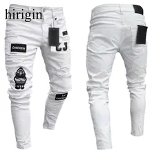 Men Stretchy Ripped Skinny Biker Embroidery Print Jeans Destroyed Hole Taped Slim Fit Denim Scratched High Quality Jean 3 Styles