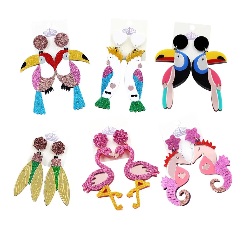 (1pair) Toucan Dangle Earring Watermelon Ice Cream Flamingo Cherry Glitter Acrylic | Украшения и аксессуары