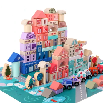 

115pcs/Set Macaron Building Blocks Wooden Construction City Traffic Racing Scenes DIY Creative Assembly Toy Stacking Blocks