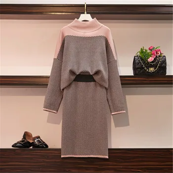 

Plus Size Autumn Winter Knitted 2 Piece Set women Long Sleeves Turtleneck Sweater Pulliver+ Elastic Waist Stripe Skirt Suit