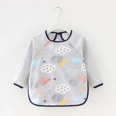 Yellow Cartoon Long Sleeve Baby Bibs Cotton Waterproof Reversible Bandana Bibs Children Eating Drawing Apron Baby Feeding Burp Cloth - Color: Yellow