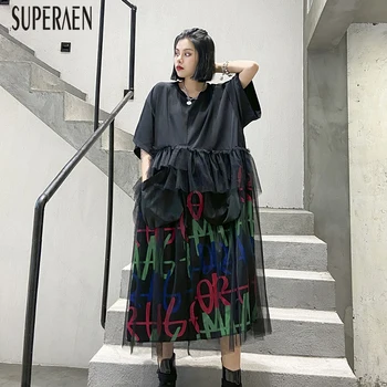 

SuperAen Summer 2020 New Women Long Dress Fashion Short Sleeve Casual Ladies Dress Splicing Mesh Round Collar Women Clothing