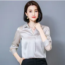 Korean Silk Women Shirts Elegant Women Satin Blouses Office Lady V Neck Shirt Plus Size Woman Long Sleeve Lace Patchwork Blouse Korean Silk Women Shirts Elegant Women Satin Blouses Office Lady V Neck Shirt Plus Size Woman Long Sleeve Lace Patchwork Blouse