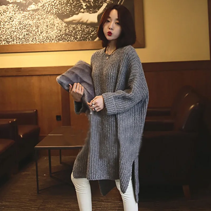 Women Autumn&Winter Casual Wild Knitted Sweater Solid Color Round Neck Long Sleeve Slim Long Sweater