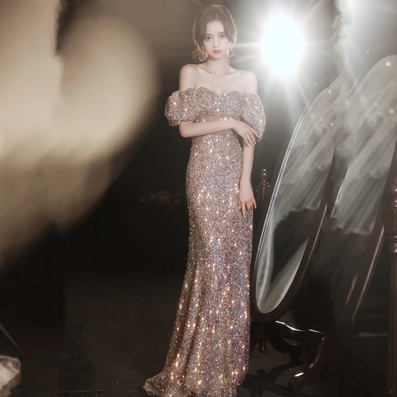 De Gala para mujer, Vestido largo De noche con lentejuelas, ostentoso, De manga corta, para Fiesta De graduación, 2021|Vestidos de graduación| - AliExpress