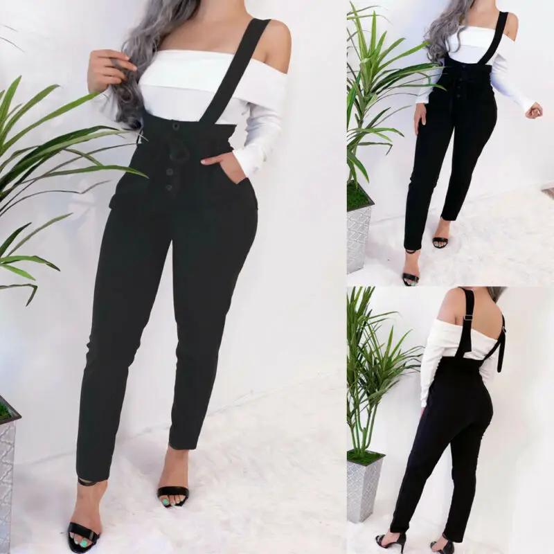 

2019 Fashion Women's Button High Waist Slim Fit Black Drawstring Pant Ladie's Solid Casual Holiday Daily Overall