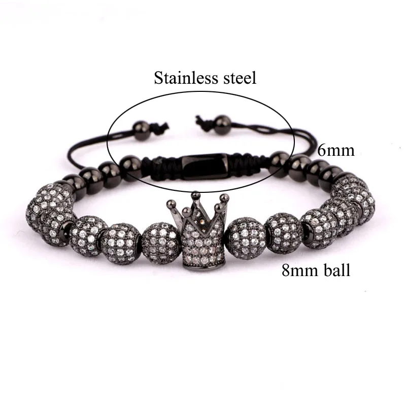 High Quality Luxury Men Women Jewelry Bracelet 8mm CZ Micro Pave Ball Crown Adjustable Beads Bracelet - Image 4