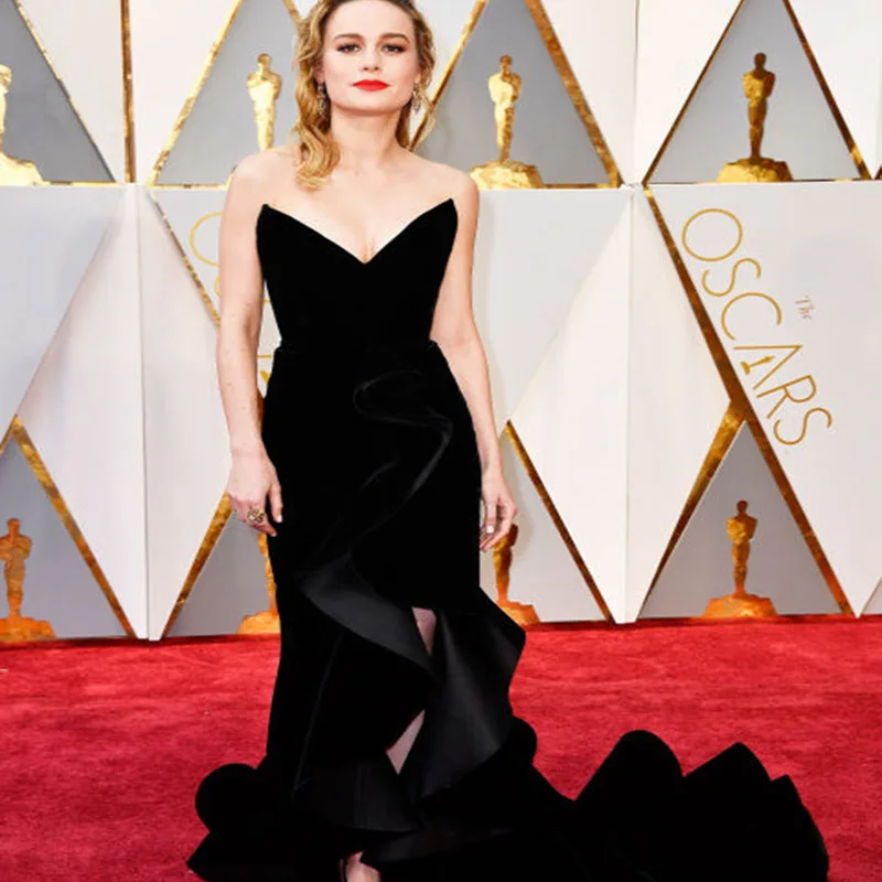 Brie Larson красный ковер для Оскара черный бархат платье знаменитостей V образным вырезом Русалка Длинные платья знаменитостей платья Vestidos De Noite