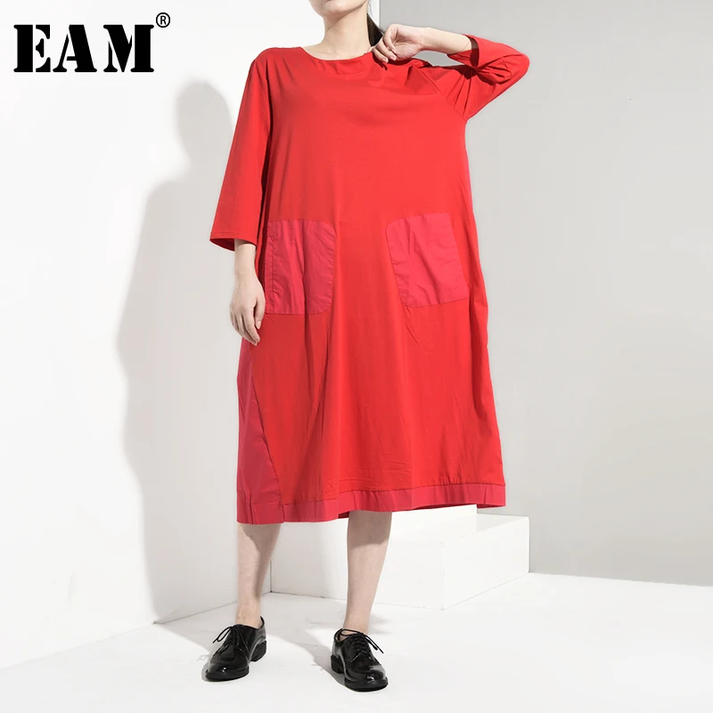 

[EAM] Women Red Pocket Split Joint Big Size Dress New Round Neck Long Sleeve Loose Fit Fashion Tide Spring Autumn 2019 JQ8440