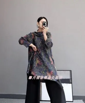 Горячая Miyake Плиссированное цельнокроеное платье три четверти отложной воротник принт прямое платье