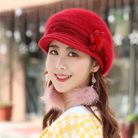 [DINGDNSHOW] New Skullies Beanies Hat Wool Bowknot Bonnet Hat Warm Knitted Winter Cap Women Hat - Цвет: red adult