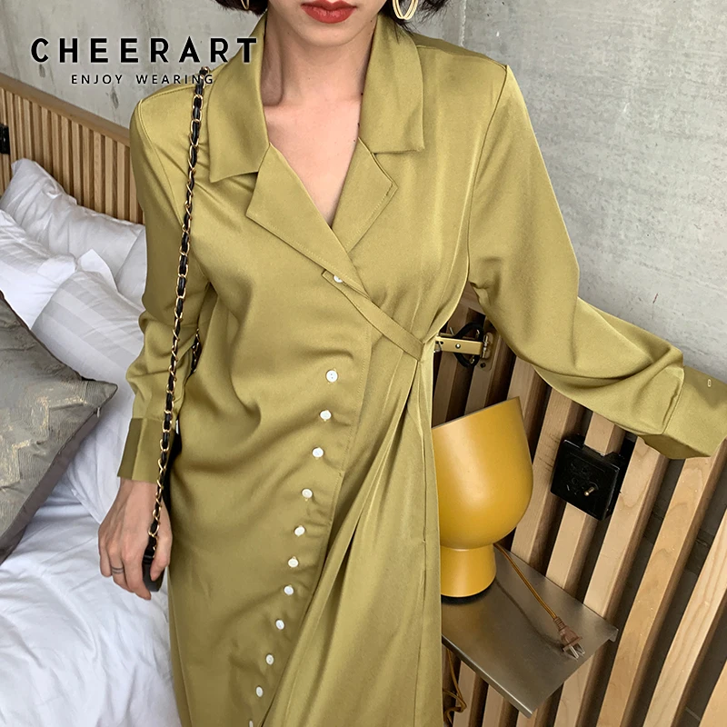 Cheerart винтажное длинное атласное платье миди зеленые женские платья с пуговицами