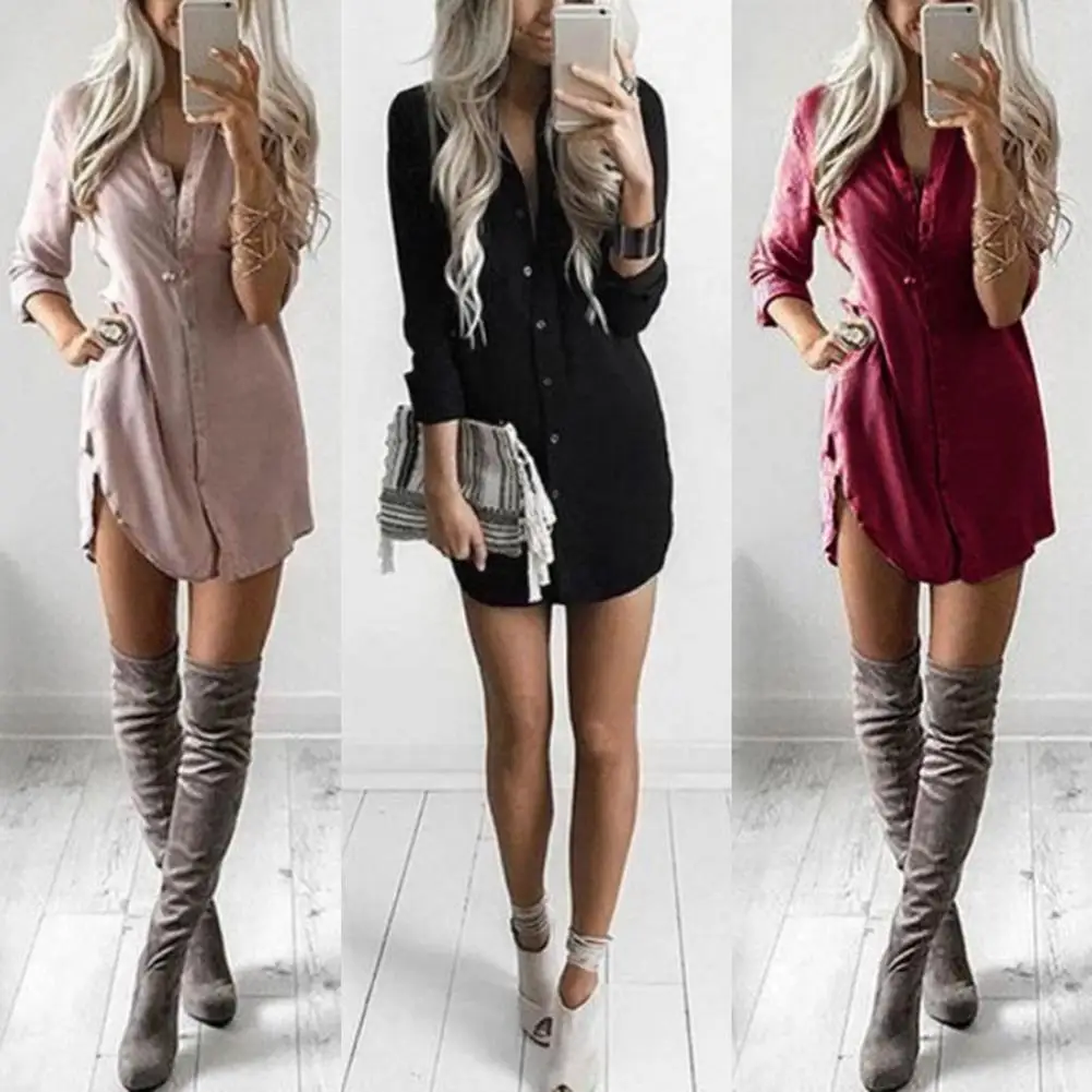 Women Autumn Solid Color Long Sleeve Lapel Collar Buttons Loose Shirt Mini Dress style plus size fits most people to wear | Женская