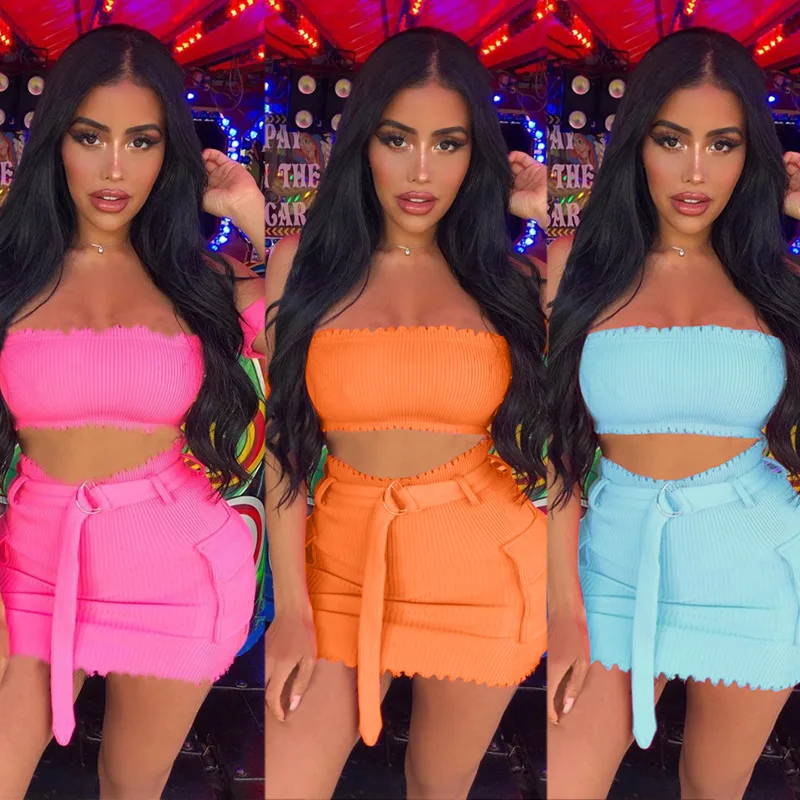

BKLD 2019 Summer Women Ribbed Short Sleeve 2 Piece Set Lady Sexy Slash Neck Off Shoulder Cropped Tight Tops+Neon Mini Skirt Sets