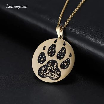 

Lemegeton Cute Footprints Necklace Lone Wolf Bear Fox Dog Paw Print Necklaces Stainless Steel Jewelry for Women Sweater Necklace