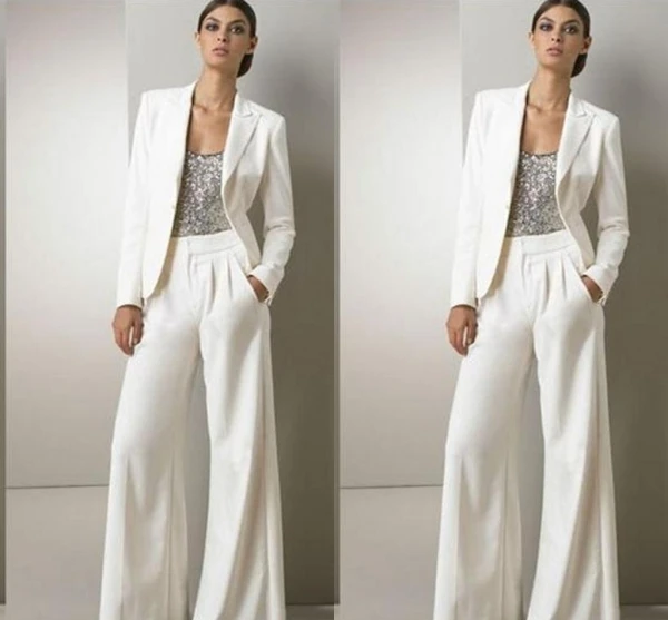 

Modern White Three Pieces Mother Of The Bride Pant Suits For Silver Sequined Wedding Guest Dress Plus Size Dresses With Jackets