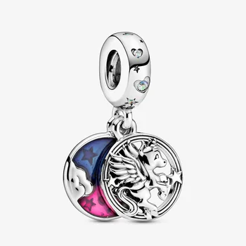 

2020 Winter New 925 Sterling Silver Beads Magical Unicorn Double Dangle Charm fit Original Pandora Bracelet Christmas Jewelry