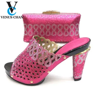 

Fuchsia New Arrival Italian Sandals with Matching Bags Nigerian Women Wedding Shoe and Bag Set Decorated with Rhinestone