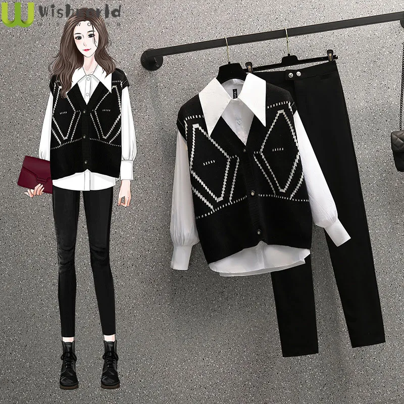 Big Yards Dress Outfit Leggings Fat Mm Show Thin Sweater Vests Shirt Three-piece Suit Vogue of New Fund of 2021 Autumn Style Age autumn winter fashion maternity pajamas cotton coat pants and breast feeding tops three pieces leisure pregnant women homewear