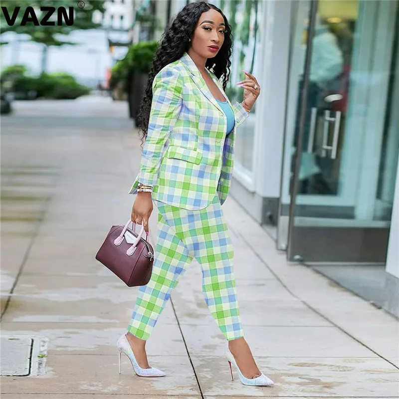 VAZN 2020 Elegant Women Casual Shinny Plaid Outfit Two Pieces Set Full Sleeve O neck Full Pant Office Lady Sets