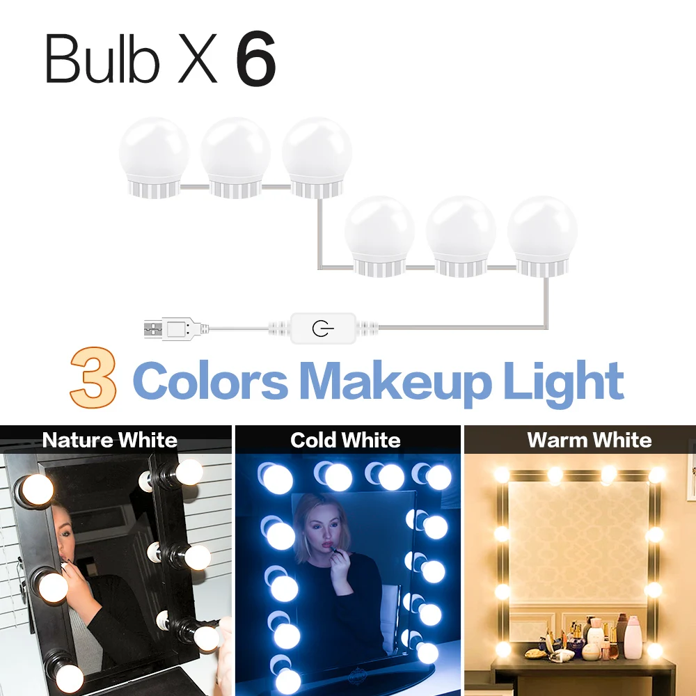 3 Colors 6 Bulbs Голливудский Led-зеркало для макияжа светильник на каждый день, 3 цвета Плавная затемнения туалетный столик, Ванная комната светодиодный настенный светильник USB макияжа с светильник Инж - Цвет абажура: 3 Colors 6 Bulbs