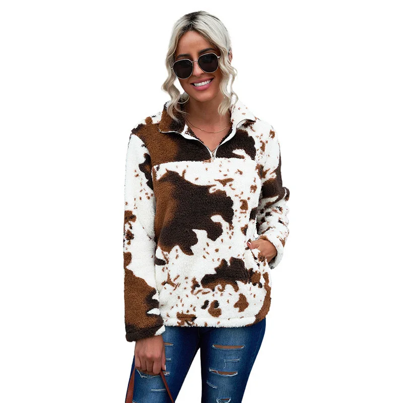 Winter Cow Printed Fleece Sherpa Pullover For Women 1/2 Zipper Loose