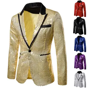 

Chic Men Solid Color Lapel Collar Shiny Sequins Slim Blazer Hosting Banquet Coat