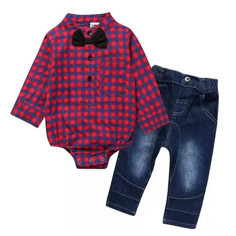 Осенне-весенний комплект одежды для маленьких мальчиков; костюмы для новорожденных; рубашка в клетку с длинными рукавами+ джинсы; комплекты одежды для детей