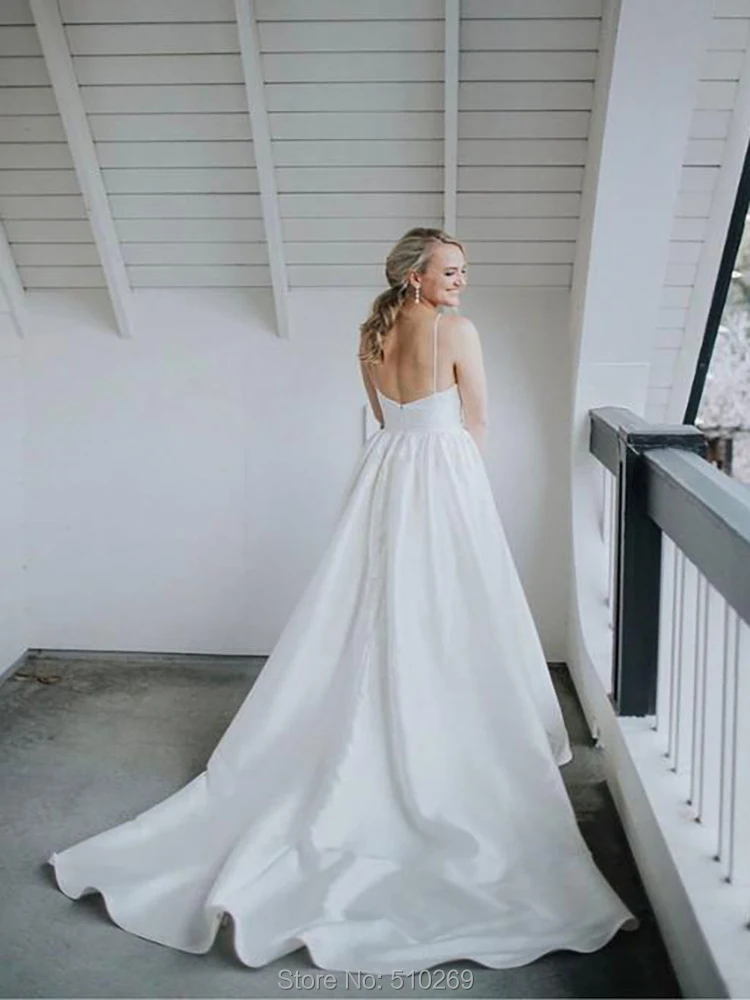 A line V Neck Spaghetti Straps Low Back Lustrous Satin Plunging V Neck Bridal Gown Vestido De Noiva Wedding Dress