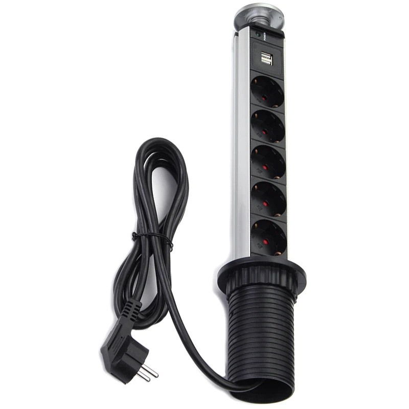 

5 Power Kitchen Table Electrical Socket Power 1 Led+2 Charge USB Aluminum Shelf Black Cap EU Plug