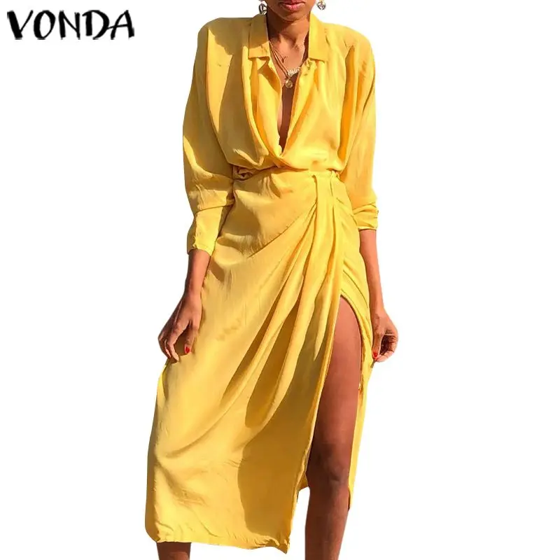 VONDA/платье с длинным рукавом, сексуальные однотонные осенние платья с v-образным вырезом размера плюс, вечерние платья в богемном стиле, пляжный сарафан, 5XL