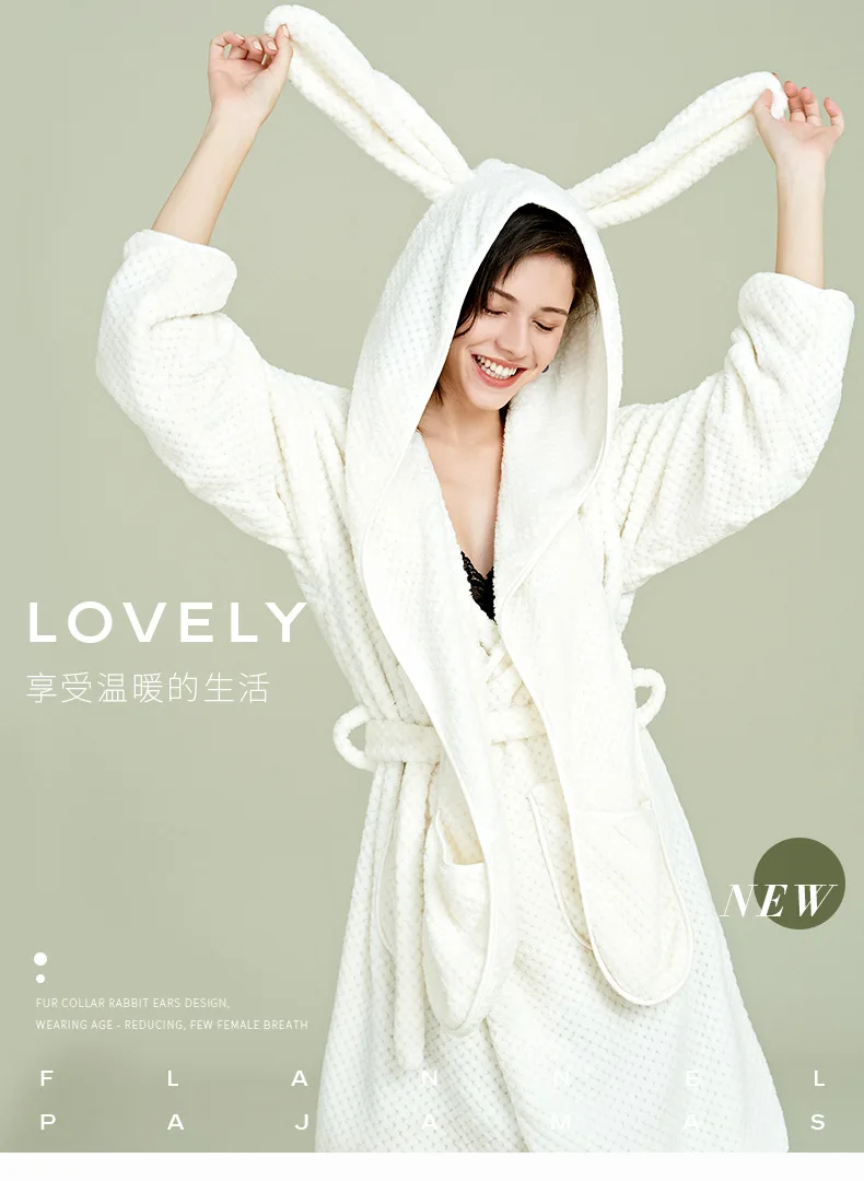 Милый кролик уши зимний спальный халат женский халат кимоно халат пеньюар с длинными рукавами женская одежда для сна банное Ночное платье