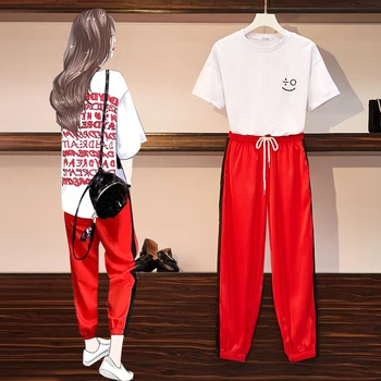 

Summer Cloth Fashion Women Large Plus Size Red sport suit Top And Pant Two Piece Set Sportwear Tracksuit Matching Set Big outfit