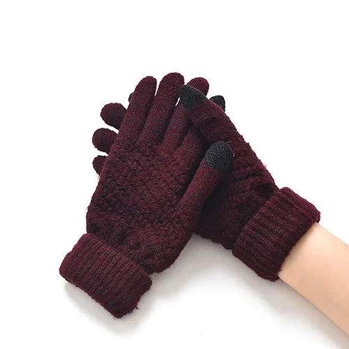 Dark Red Women Winter Warm Knitted Thick Stretchy Mittens Female Thermal Casual Covered Finger Halter Gloves Girls Accessories MX129 - Color: Dark Red