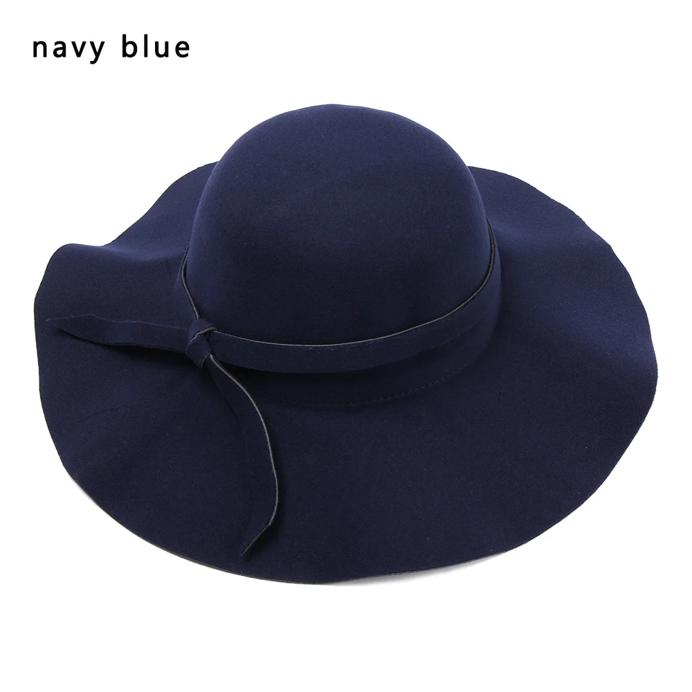 navy blue Модная Классическая винтажная шерстяная фетровая шляпа с элегантным бантом и широкими полями, джазовая Кепка для женщин на осень и зиму, милая ковбойская шляпа - Цвет: navy blue