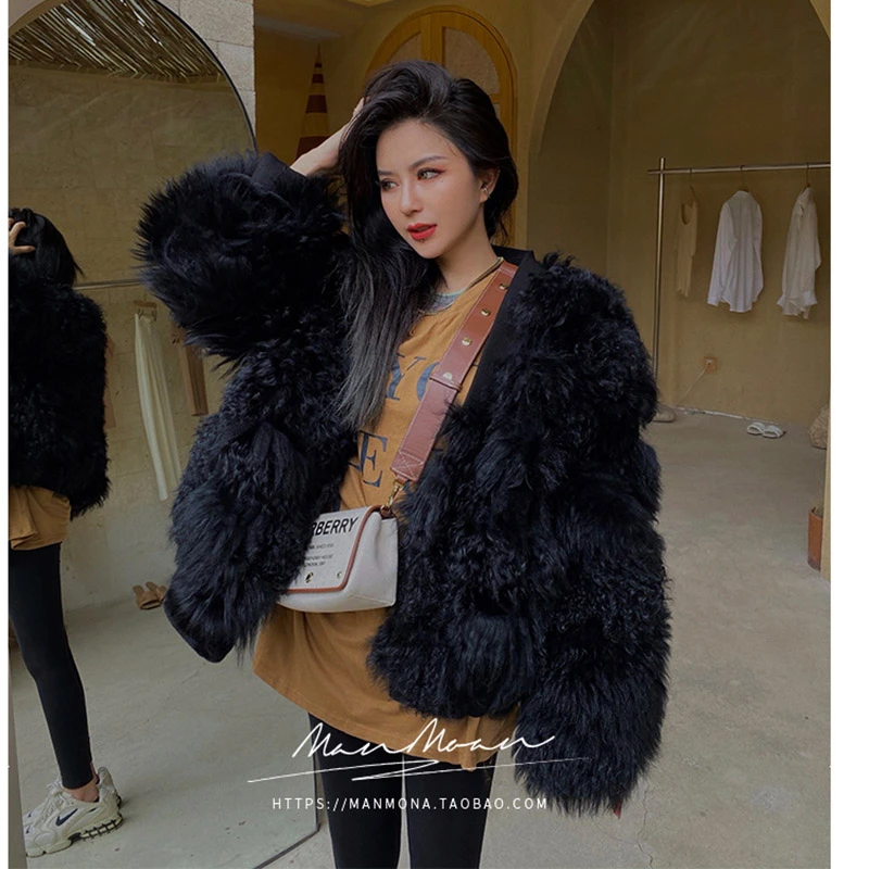 2020 New Fashion Design Real Leather Sheep Curl Fur Jacket Women Coat  Winter Women's Curly Yarn Leather Fur Coat Streetwear