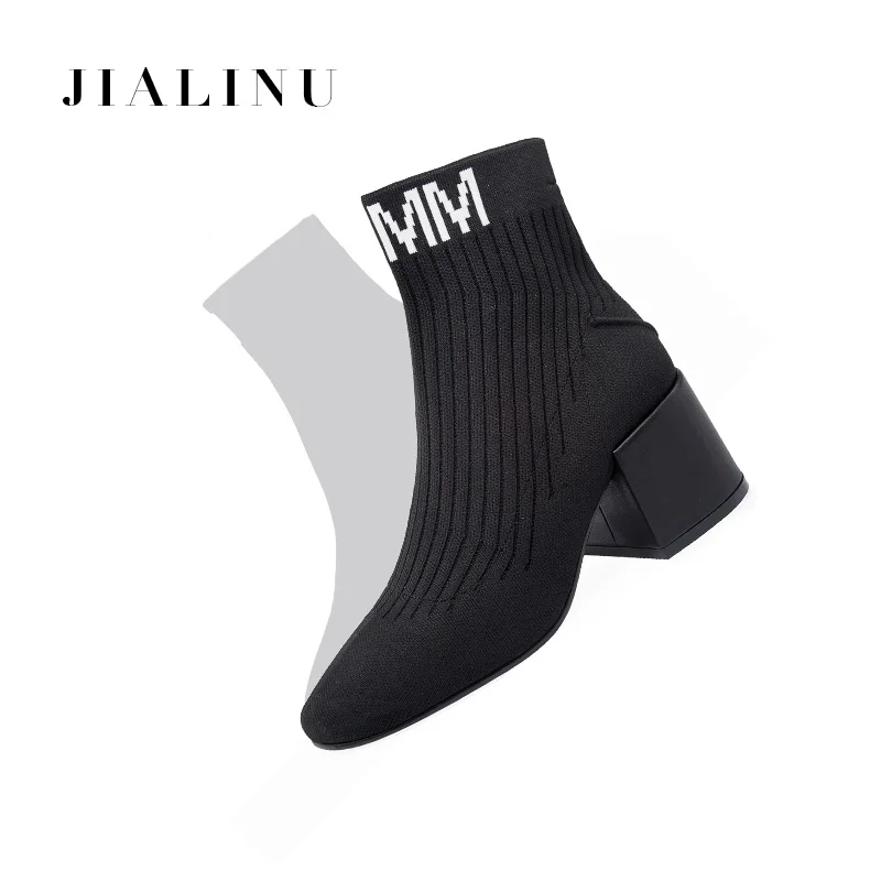 

2019 winter new thick heel ankle boots letters women shoes high heels elastic booties knitted wool socks black boots fashion