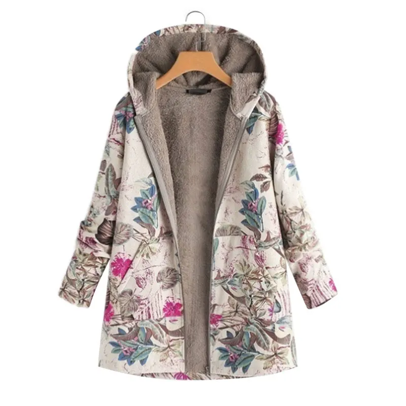 Модное женское пальто зимнее теплое пальто женская верхняя одежда цветочный принт с капюшоном карманы винтажное пальто оверсайз для женщин s